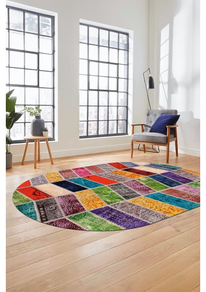 Baskılı Kaymaz Taban Yıkanabilir Patchwork Desen Oval Yolluk Salon Halısı, O-Patchwork-10-Renkli,