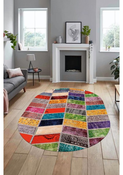 Baskılı Kaymaz Taban Yıkanabilir Patchwork Desen Oval Yolluk Salon Halısı, O-Patchwork-10-Renkli,