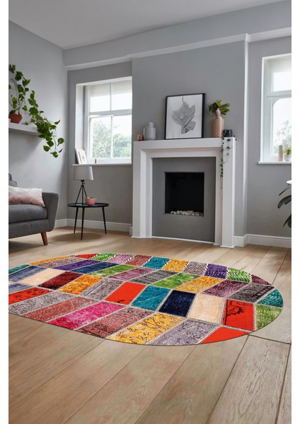 Baskılı Kaymaz Taban Yıkanabilir Patchwork Desen Oval Yolluk Salon Halısı, O-Patchwork-10-Renkli,