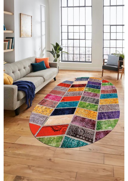 Baskılı Kaymaz Taban Yıkanabilir Patchwork Desen Oval Yolluk Salon Halısı, O-Patchwork-10-Renkli,