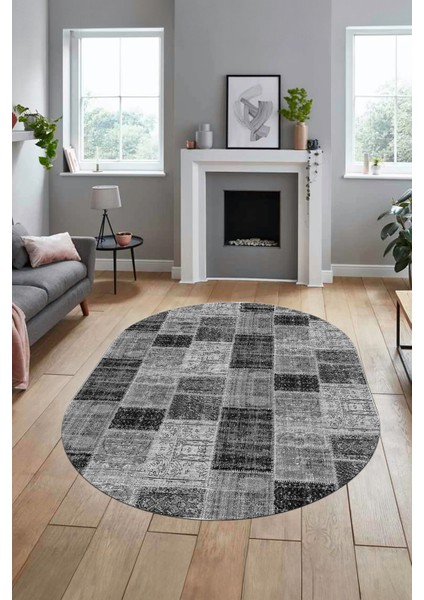 Baskılı Kaymaz Taban Yıkanabilir Patchwork Desen Oval Yolluk Salon Halısı, O-Patchwork-07-Gri, indirimleri