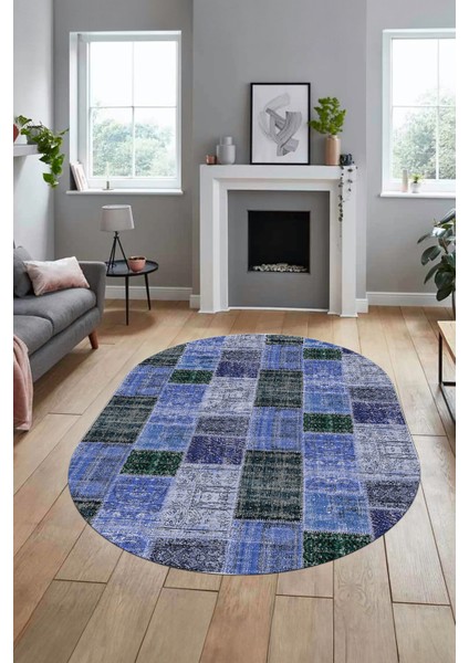 Baskılı Kaymaz Taban Yıkanabilir Patchwork Desen Oval Yolluk Salon Halısı, O-Patchwork-07-Mavi, indirimleri