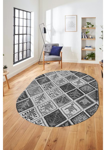 Baskılı Kaymaz Taban Yıkanabilir Patchwork Desen Oval Yolluk Salon Halısı, O-Patchwork-08-Gri, fiyatları