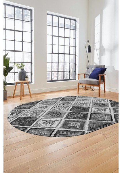 Baskılı Kaymaz Taban Yıkanabilir Patchwork Desen Oval Yolluk Salon Halısı, O-Patchwork-08-Gri, modelleri