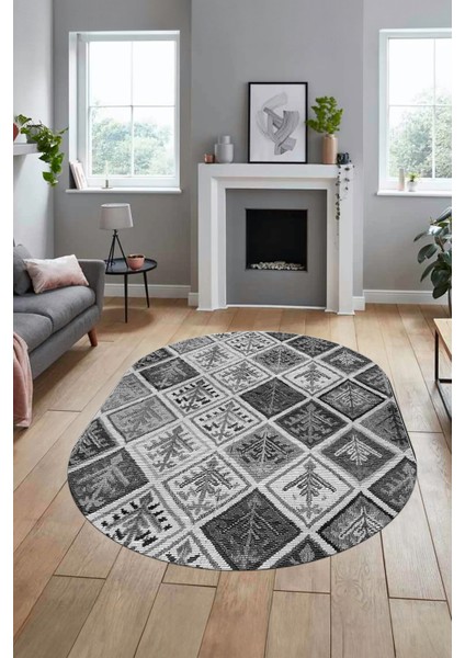 Baskılı Kaymaz Taban Yıkanabilir Patchwork Desen Oval Yolluk Salon Halısı, O-Patchwork-08-Gri, fırsatları