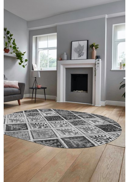 Baskılı Kaymaz Taban Yıkanabilir Patchwork Desen Oval Yolluk Salon Halısı, O-Patchwork-08-Gri, indirimleri