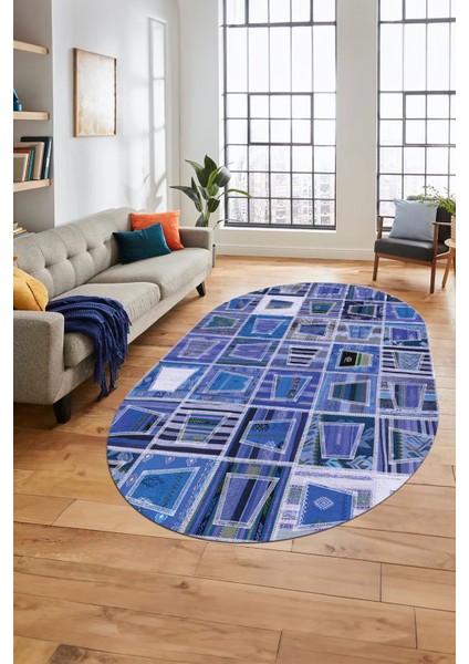 Baskılı Kaymaz Taban Yıkanabilir Patchwork Desen Oval Yolluk Salon Halısı, O-Patchwork-11-Mavi,