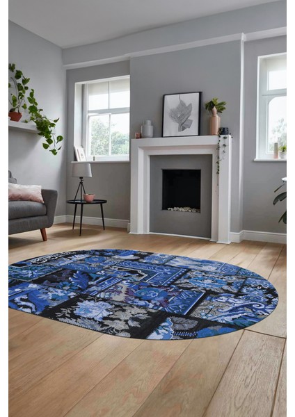 Baskılı Kaymaz Taban Yıkanabilir Patchwork Desen Oval Yolluk Salon Halısı, O-Patchwork-12-Mavi, modelleri