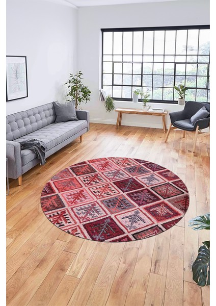 Baskılı Kaymaz Yıkanabilir Patchwork Desen Yuvarlak Mutfak Salon Halısı, Y-Patchwork-08-Kırmızı, modelleri
