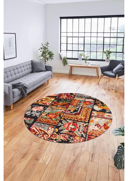 Baskılı Kaymaz Yıkanabilir Patchwork Desen Yuvarlak Mutfak Salon Halısı, Y-Patchwork-12-Renkli,