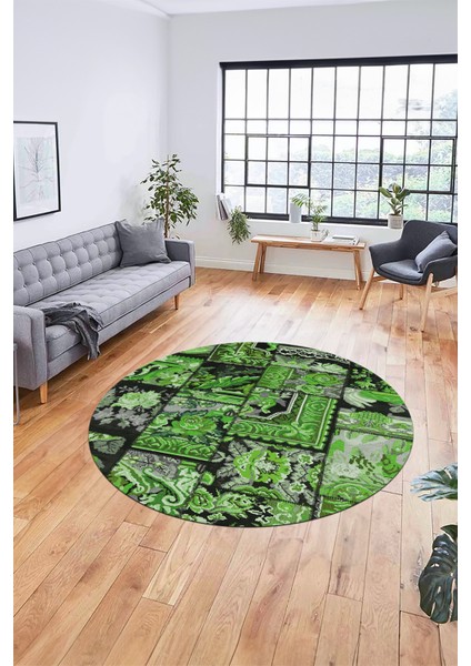 Baskılı Kaymaz Yıkanabilir Patchwork Desen Yuvarlak Mutfak Salon Halısı, Y-Patchwork-12-Yeşil,