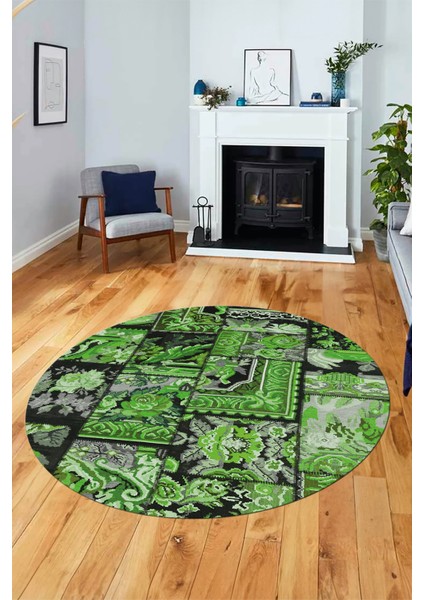 Baskılı Kaymaz Yıkanabilir Patchwork Desen Yuvarlak Mutfak Salon Halısı, Y-Patchwork-12-Yeşil, fiyatları