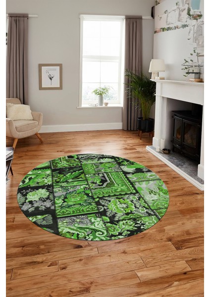 Baskılı Kaymaz Yıkanabilir Patchwork Desen Yuvarlak Mutfak Salon Halısı, Y-Patchwork-12-Yeşil, indirimleri
