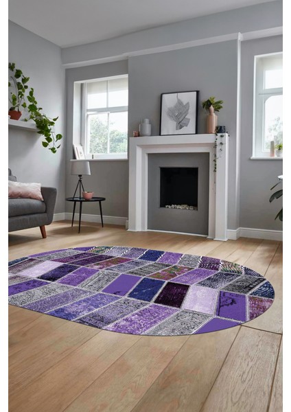 Baskılı Kaymaz Taban Yıkanabilir Patchwork Desen Oval Yolluk Salon Halısı, O-Patchwork-10-Mor, fırsatları