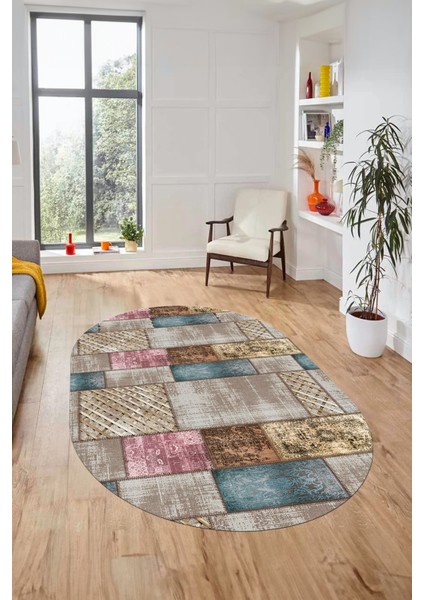 Baskılı Kaymaz Taban Yıkanabilir Patchwork Desen Oval Yolluk Salon Halısı, O-Patchwork-18-Renkli,