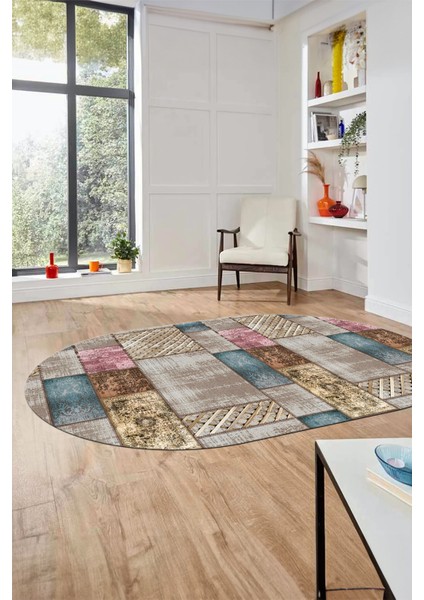 Baskılı Kaymaz Taban Yıkanabilir Patchwork Desen Oval Yolluk Salon Halısı, O-Patchwork-18-Renkli,