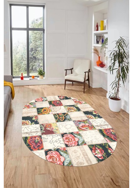 Baskılı Kaymaz Taban Yıkanabilir Patchwork Desen Oval Yolluk Salon Halısı, O-Patchwork-19-Renkli,