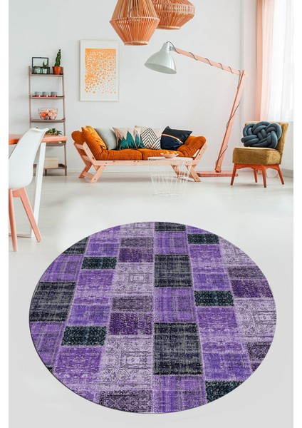 Baskılı Kaymaz Yıkanabilir Patchwork Desen Yuvarlak Mutfak Salon Halısı, Y-Patchwork-07-Mor, fiyatları