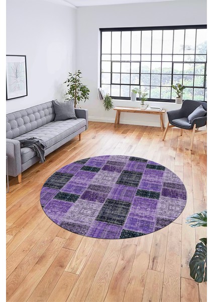 Baskılı Kaymaz Yıkanabilir Patchwork Desen Yuvarlak Mutfak Salon Halısı, Y-Patchwork-07-Mor, modelleri