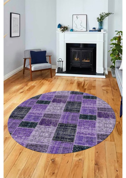 Baskılı Kaymaz Yıkanabilir Patchwork Desen Yuvarlak Mutfak Salon Halısı, Y-Patchwork-07-Mor, fırsatları