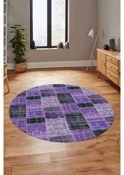 Baskılı Kaymaz Yıkanabilir Patchwork Desen Yuvarlak Mutfak Salon Halısı, Y-Patchwork-07-Mor, indirimleri