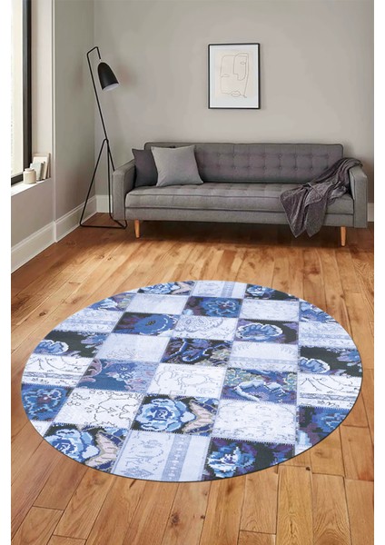 Baskılı Kaymaz Yıkanabilir Patchwork Desen Yuvarlak Mutfak Salon Halısı, Y-Patchwork-19-Mavi,