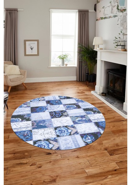 Baskılı Kaymaz Yıkanabilir Patchwork Desen Yuvarlak Mutfak Salon Halısı, Y-Patchwork-19-Mavi,