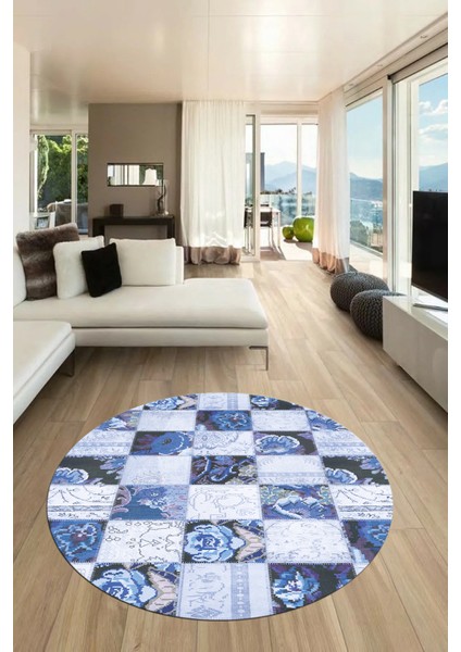Baskılı Kaymaz Yıkanabilir Patchwork Desen Yuvarlak Mutfak Salon Halısı, Y-Patchwork-19-Mavi,