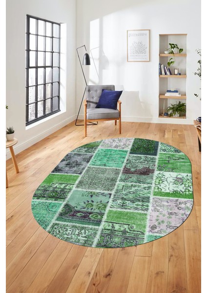 Baskılı Kaymaz Taban Yıkanabilir Patchwork Desen Oval Yolluk Salon Halısı, O-Patchwork-04-Yeşil,