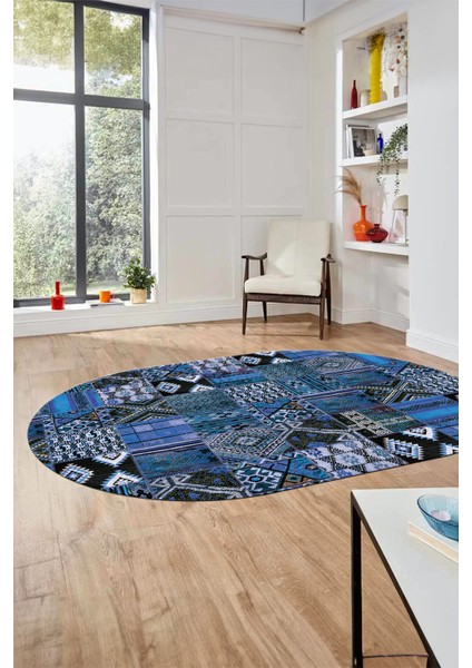 Baskılı Kaymaz Taban Yıkanabilir Patchwork Desen Oval Yolluk Salon Halısı, O-Patchwork-06-Mavi,