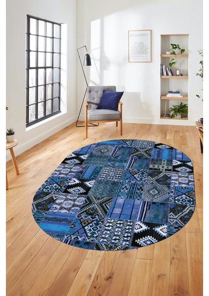 Baskılı Kaymaz Taban Yıkanabilir Patchwork Desen Oval Yolluk Salon Halısı, O-Patchwork-06-Mavi,