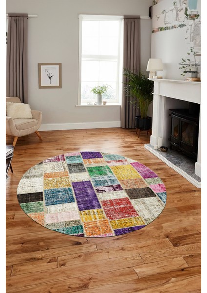 Baskılı Kaymaz Yıkanabilir Patchwork Desen Yuvarlak Mutfak Salon Halısı, Y-Patchwork-03-Renkli,