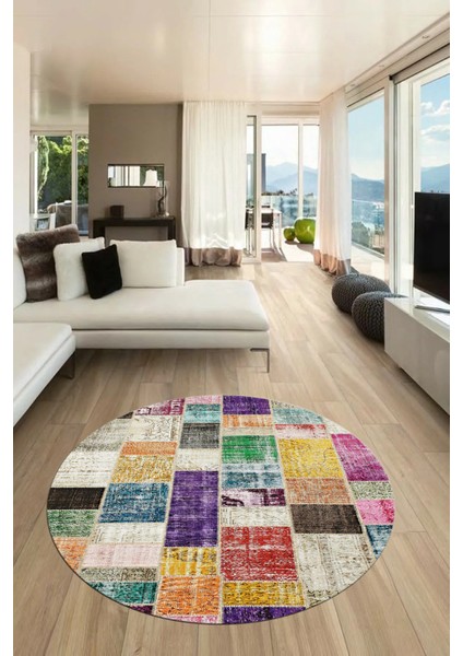 Baskılı Kaymaz Yıkanabilir Patchwork Desen Yuvarlak Mutfak Salon Halısı, Y-Patchwork-03-Renkli, fiyatları