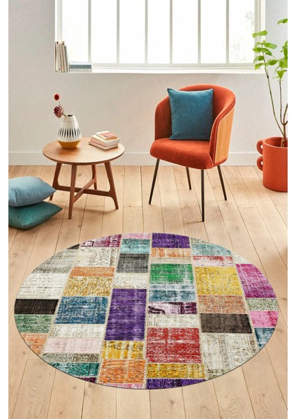 Baskılı Kaymaz Yıkanabilir Patchwork Desen Yuvarlak Mutfak Salon Halısı, Y-Patchwork-03-Renkli, modelleri