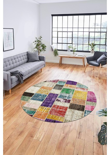 Baskılı Kaymaz Yıkanabilir Patchwork Desen Yuvarlak Mutfak Salon Halısı, Y-Patchwork-03-Renkli, indirimleri