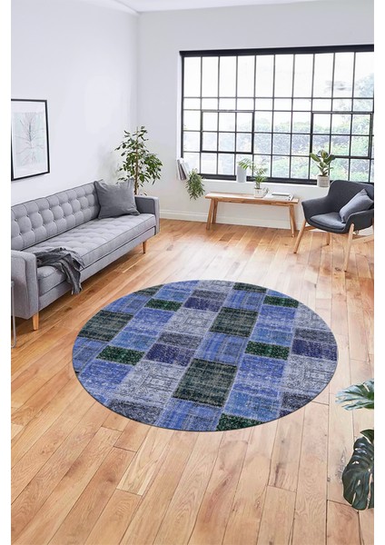 Baskılı Kaymaz Yıkanabilir Patchwork Desen Yuvarlak Mutfak Salon Halısı, Y-Patchwork-07-Mavi,