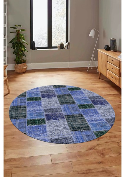 Baskılı Kaymaz Yıkanabilir Patchwork Desen Yuvarlak Mutfak Salon Halısı, Y-Patchwork-07-Mavi,
