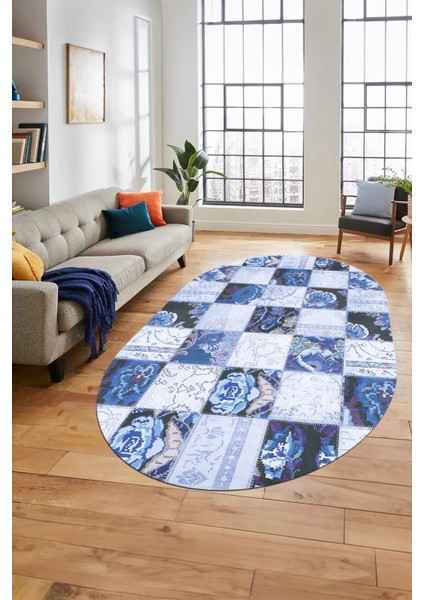 Baskılı Kaymaz Taban Yıkanabilir Patchwork Desen Oval Yolluk Salon Halısı, O-Patchwork-19-Mavi,