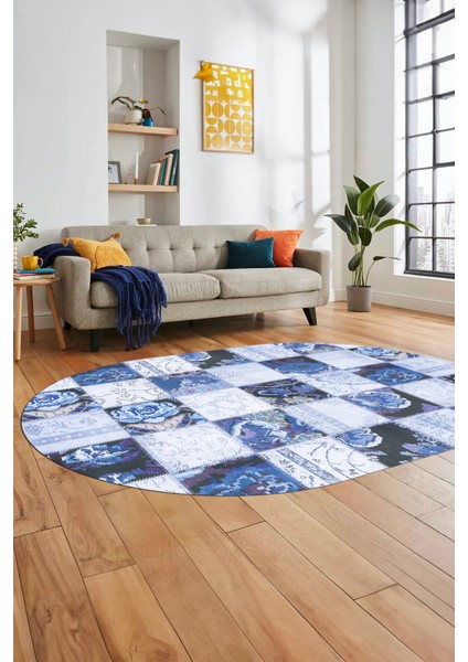 Baskılı Kaymaz Taban Yıkanabilir Patchwork Desen Oval Yolluk Salon Halısı, O-Patchwork-19-Mavi,
