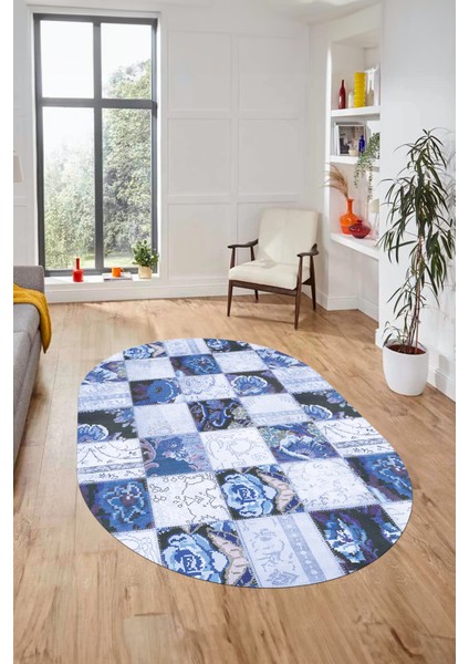 Baskılı Kaymaz Taban Yıkanabilir Patchwork Desen Oval Yolluk Salon Halısı, O-Patchwork-19-Mavi,