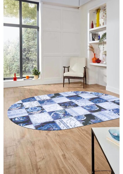 Baskılı Kaymaz Taban Yıkanabilir Patchwork Desen Oval Yolluk Salon Halısı, O-Patchwork-19-Mavi,
