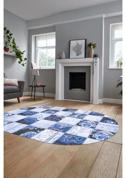 Baskılı Kaymaz Taban Yıkanabilir Patchwork Desen Oval Yolluk Salon Halısı, O-Patchwork-19-Mavi,