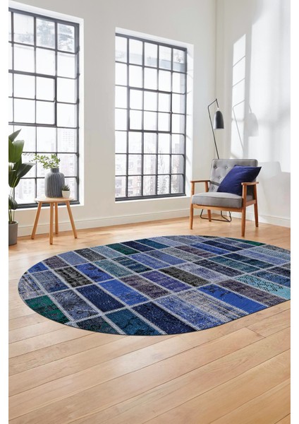 Baskılı Kaymaz Taban Yıkanabilir Patchwork Desen Oval Yolluk Salon Halısı, O-Patchwork-09-Mavi, modelleri
