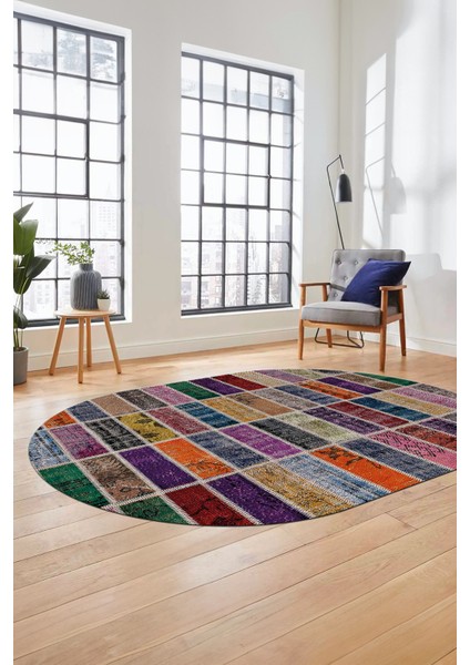 Baskılı Kaymaz Taban Yıkanabilir Patchwork Desen Oval Yolluk Salon Halısı, O-Patchwork-09-Renkli, modelleri