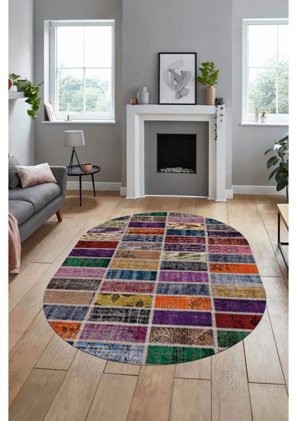 Baskılı Kaymaz Taban Yıkanabilir Patchwork Desen Oval Yolluk Salon Halısı, O-Patchwork-09-Renkli, fırsatları