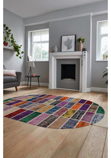 Baskılı Kaymaz Taban Yıkanabilir Patchwork Desen Oval Yolluk Salon Halısı, O-Patchwork-09-Renkli, indirimleri