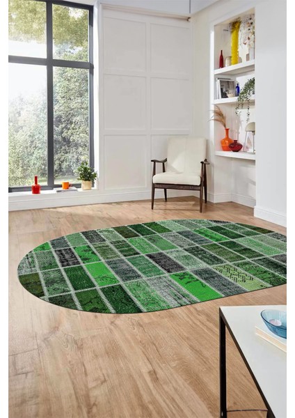 Baskılı Kaymaz Taban Yıkanabilir Patchwork Desen Oval Yolluk Salon Halısı, O-Patchwork-09-Yeşil,