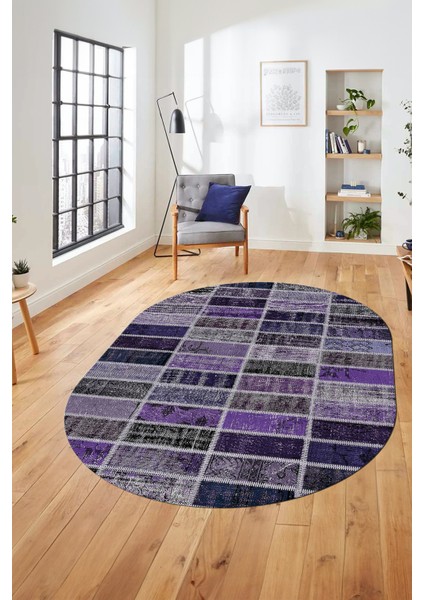 Baskılı Kaymaz Taban Yıkanabilir Patchwork Desen Oval Yolluk Salon Halısı, O-Patchwork-09-Mor,