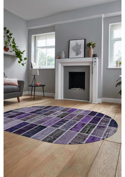 Baskılı Kaymaz Taban Yıkanabilir Patchwork Desen Oval Yolluk Salon Halısı, O-Patchwork-09-Mor,