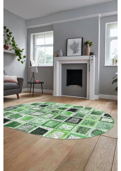 Baskılı Kaymaz Taban Yıkanabilir Patchwork Desen Oval Yolluk Salon Halısı, O-Patchwork-14-Yeşil,